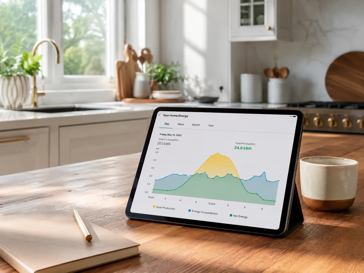 Illustration of a home energy dashboard on a kitchen counter showing a daily solar production line chart