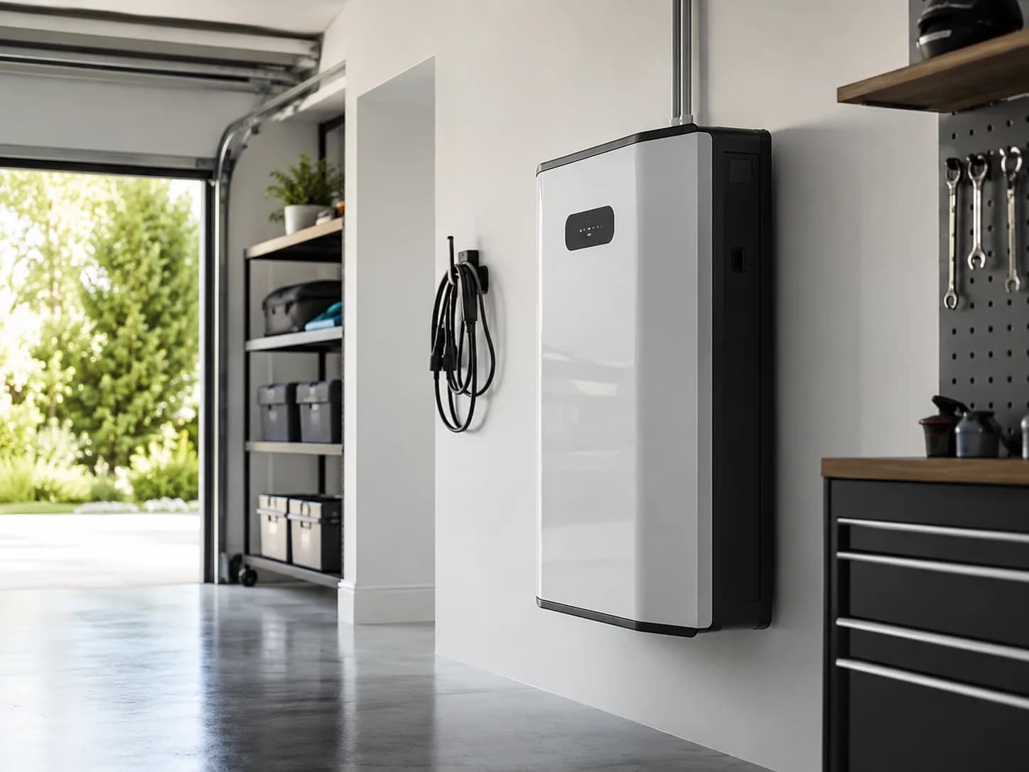 Illustration of a wall-mounted home battery storage unit in an open garage, paired with a solar system