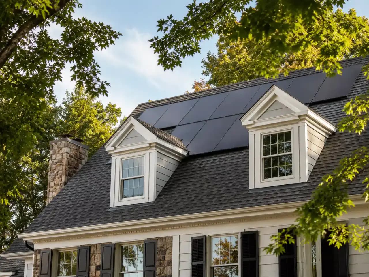 Illustrative rooftop solar panels framed by a tree canopy, used for Fíor Solar's process page