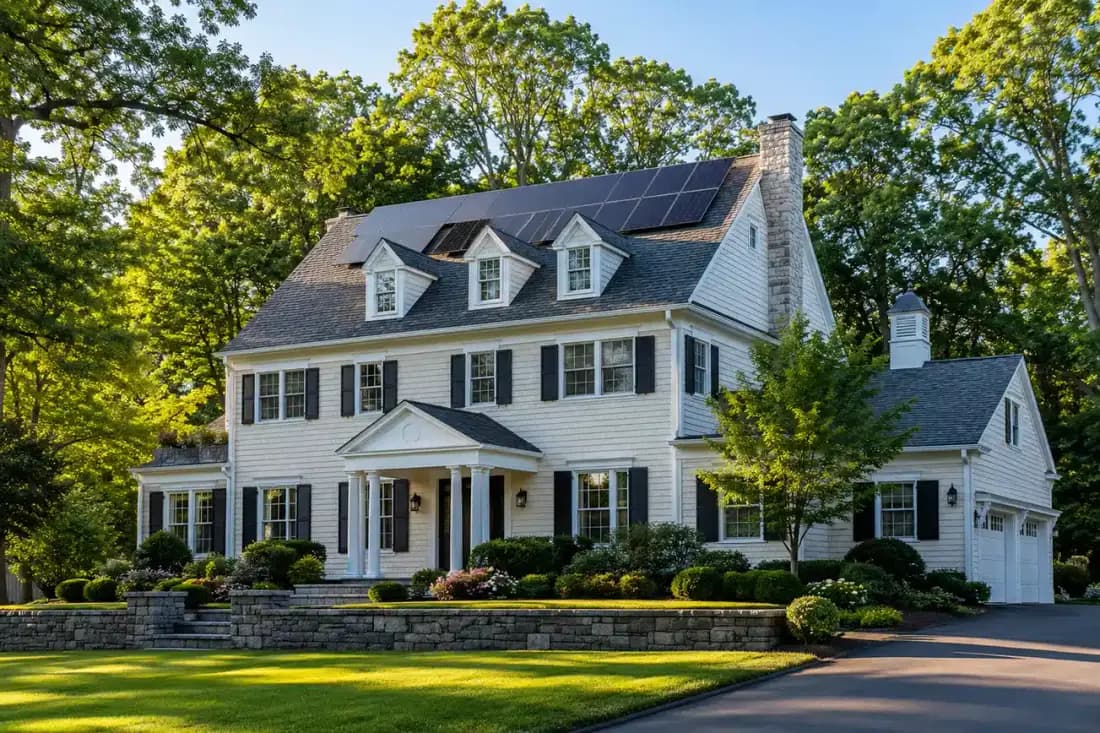 Illustrative New Jersey colonial home with rooftop solar, used for Fíor Solar's why Fíor page