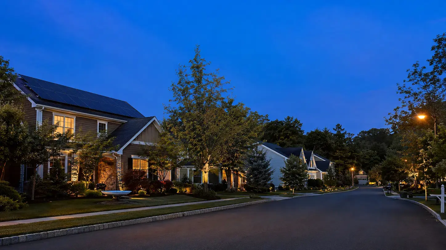 Illustration of a quiet suburban street at twilight with solar-equipped homes, used to contrast the broker and installer paths