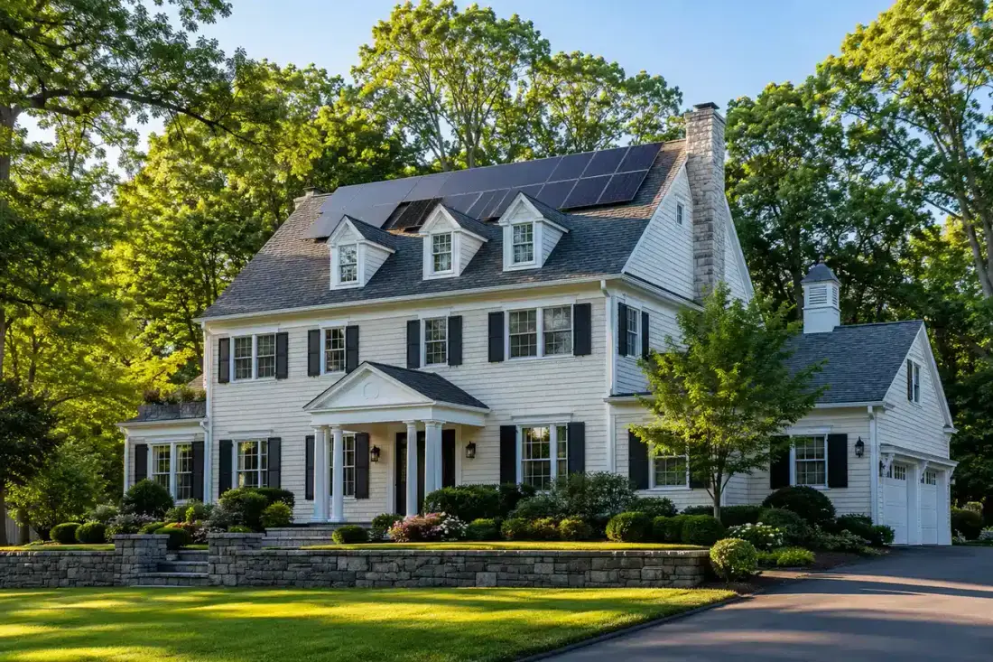Illustrative New Jersey colonial home with rooftop solar, used for Fíor Solar's why Fíor page